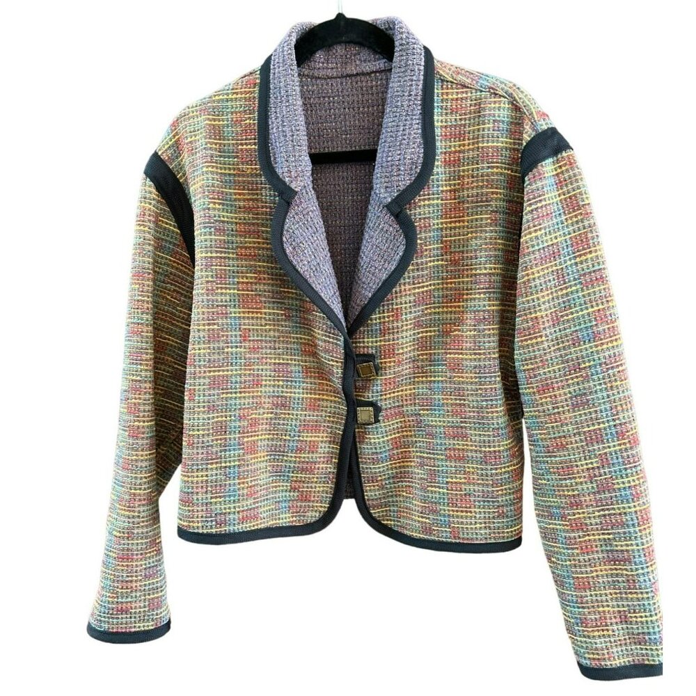 Multicolor Woven Patterned Women's Jacket With Black Trim Decorative Buttons